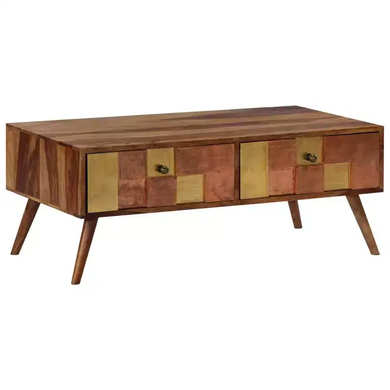 Tavolino da Caffè Miele in Legno Massello 100x50x39 cm Intarsi Decorativi