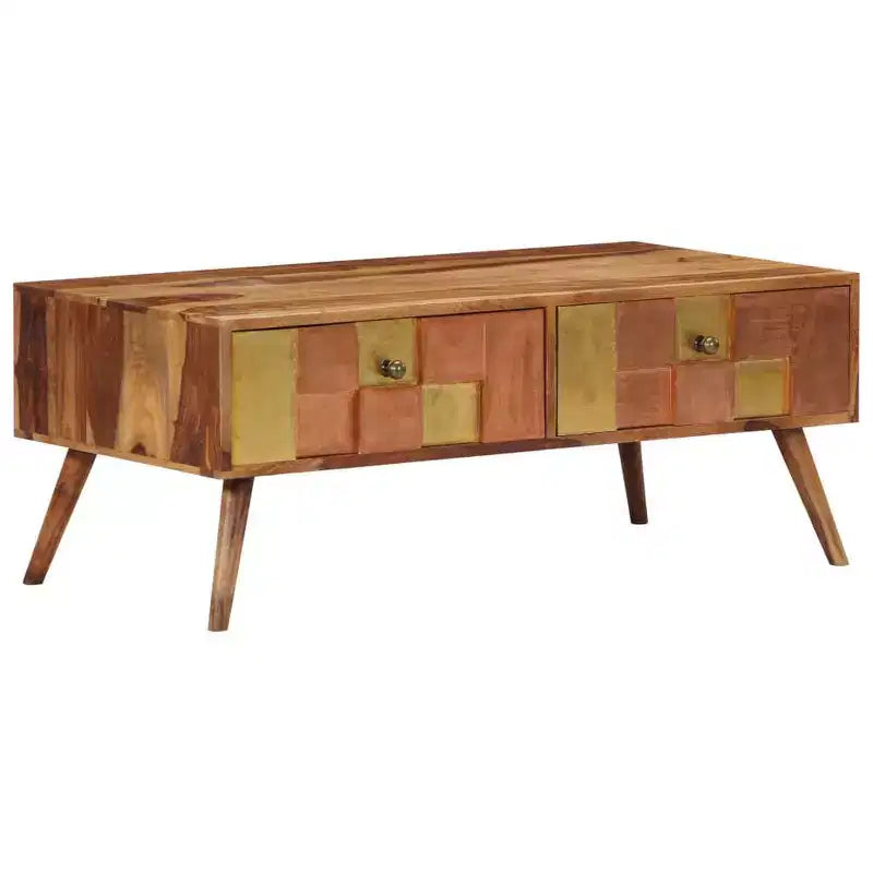 Tavolino da Caffè Miele in Legno Massello 100x50x39 cm Intarsi Decorativi