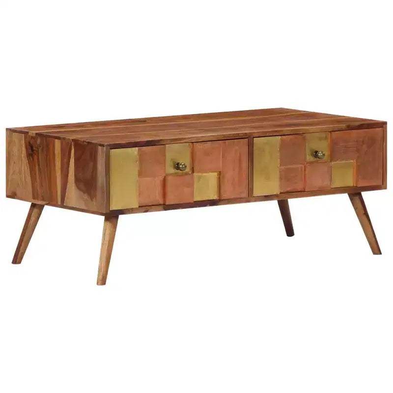 Tavolino da Caffè Miele in Legno Massello 100x50x39 cm Intarsi Decorativi