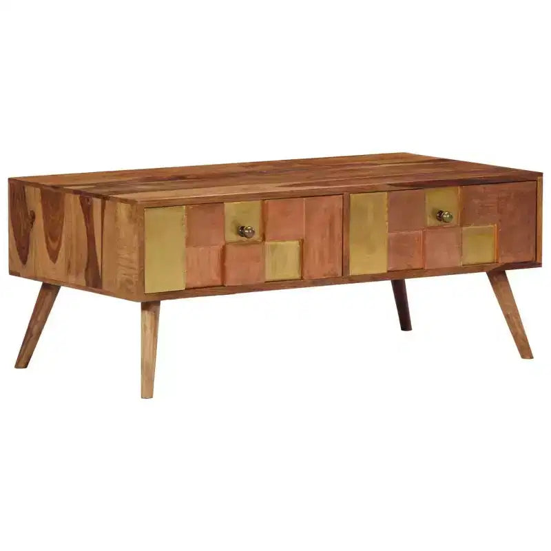 Tavolino da Caffè Miele in Legno Massello 100x50x39 cm Intarsi Decorativi
