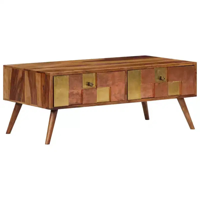 Tavolino da Caffè Miele in Legno Massello 100x50x39 cm Intarsi Decorativi