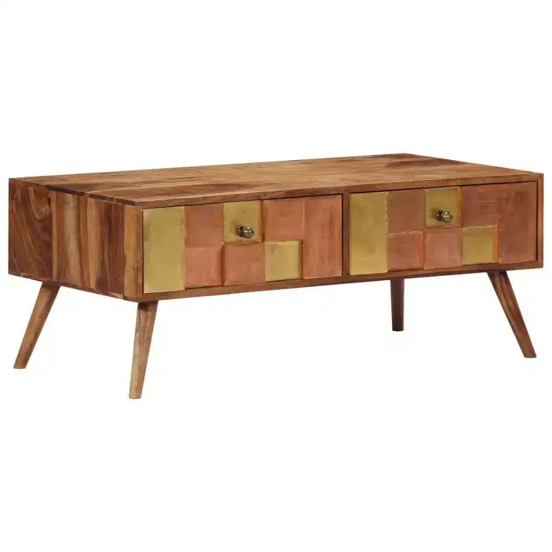 Tavolino da Caffè Miele in Legno Massello 100x50x39 cm Intarsi Decorativi