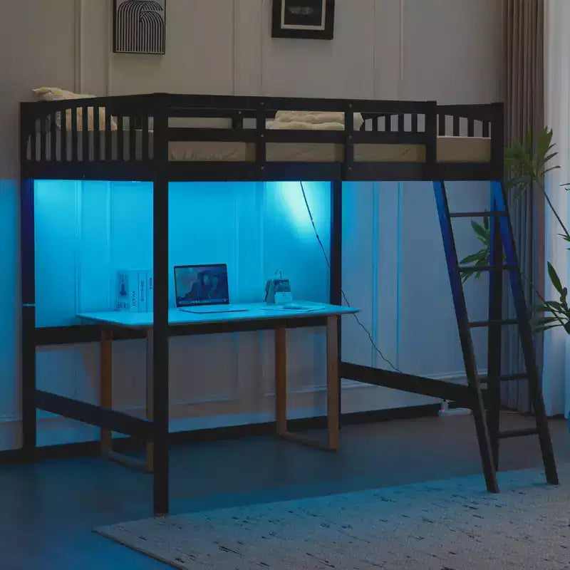 VINGLI Full Wood Loft Bed with USB Charging Station/LED, Solid Wood Bed with Flat Rungs, 15 inches High Guardrail, No Box Spring Needed, Black