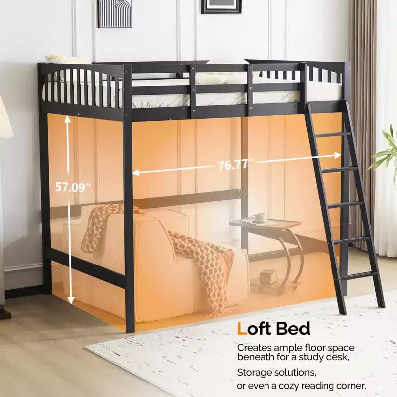Letto a soppalco interamente in legno con stazione di ricarica USB/LED, letto in legno massello con pioli piatti, sponda di sicurezza alta 15 pollici, nessuna rete a molle necessaria, nero