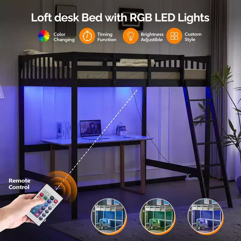 Letto a soppalco interamente in legno con stazione di ricarica USB/LED, letto in legno massello con pioli piatti, sponda di sicurezza alta 15 pollici, nessuna rete a molle necessaria, nero
