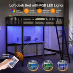 Letto a soppalco interamente in legno con stazione di ricarica USB/LED, letto in legno massello con pioli piatti, sponda di sicurezza alta 15 pollici, nessuna rete a molle necessaria, nero