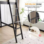 Letto a soppalco interamente in legno con stazione di ricarica USB/LED, letto in legno massello con pioli piatti, sponda di sicurezza alta 15 pollici, nessuna rete a molle necessaria, nero