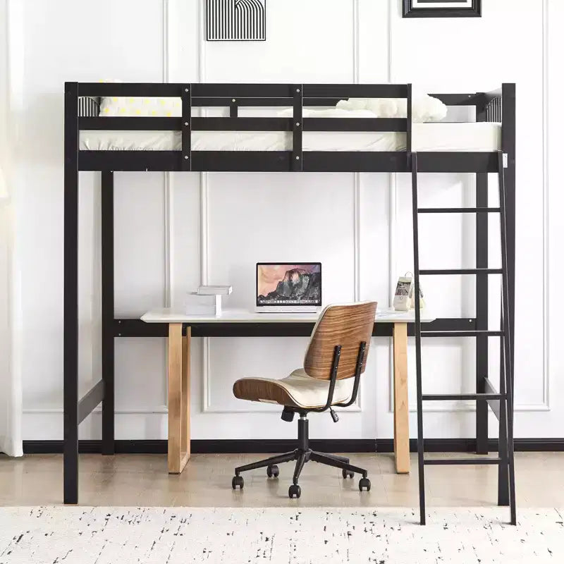 Letto a soppalco interamente in legno con stazione di ricarica USB/LED, letto in legno massello con pioli piatti, sponda di sicurezza alta 15 pollici, nessuna rete a molle necessaria, nero
