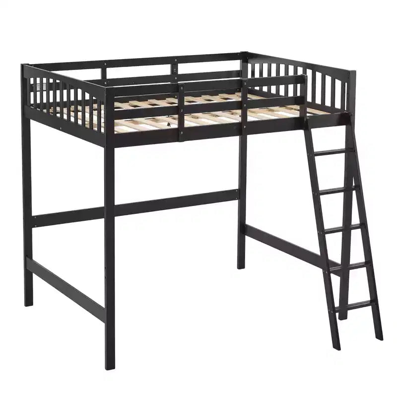 Letto a soppalco interamente in legno con stazione di ricarica USB/LED, letto in legno massello con pioli piatti, sponda di sicurezza alta 15 pollici, nessuna rete a molle necessaria, nero