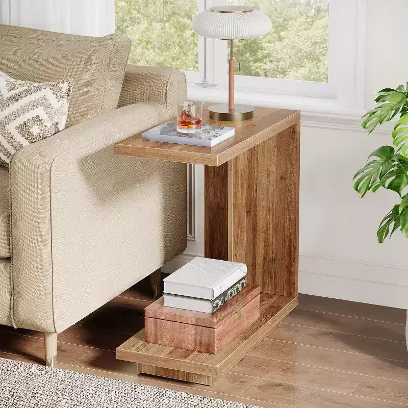 Lantine 2-Tier C-Shaped Side Table for Couch, with Sturdy Pedestal, Industrial Sofa End Table for Living Room, Bedroom (Walnut Brown)