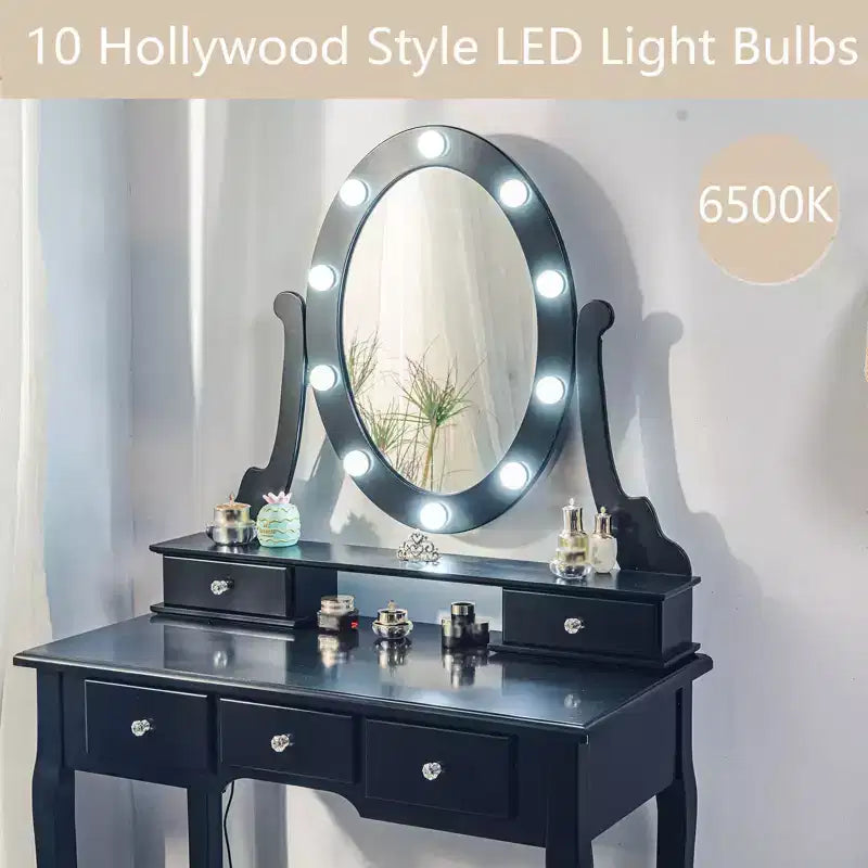 Toeletta con Luci, Tavolo da Trucco in Legno con Specchio Ovale e Sgabello, Illuminazione a 3 Colori, 5 Grandi Cassetti
