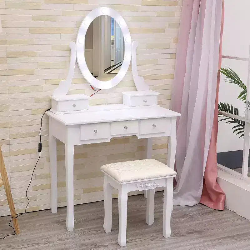 Toeletta con Luci, Tavolo da Trucco in Legno con Specchio Ovale e Sgabello, Illuminazione a 3 Colori, 5 Grandi Cassetti