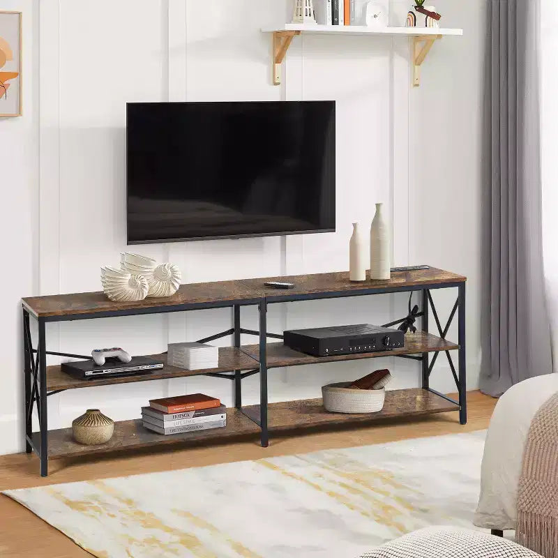 FurnitureR 63 Inch TV Stand with LED Lights and Power Station, Entertainment Center with Storage Shelves, USB Ports & Outlets, 70 Inch, Brown