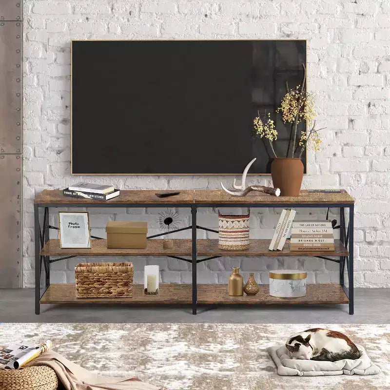 Mobile TV da 63 pollici con luci LED e stazione di alimentazione, Centro Intrattenimento con Ripiani, Porte USB e Prese, 70 pollici, Marrone