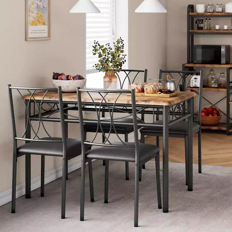 Kitchen Table and Chairs for 4, Dining Table Set for 4 with Upholstered Chairs, Kitchen Table Set Metal and Wood Rectangular Dining Table Set