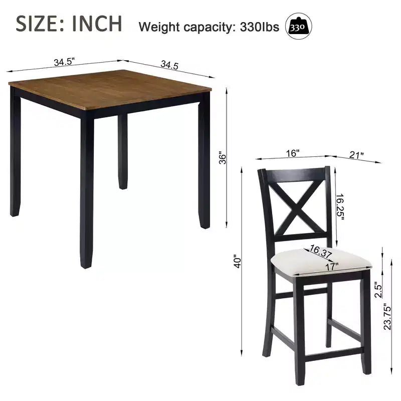 Set da pranzo Callan a 5 pezzi in legno stile rustico con sedie imbottite, altezza bancone