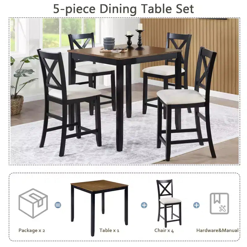 Set da pranzo Callan a 5 pezzi in legno stile rustico con sedie imbottite, altezza bancone