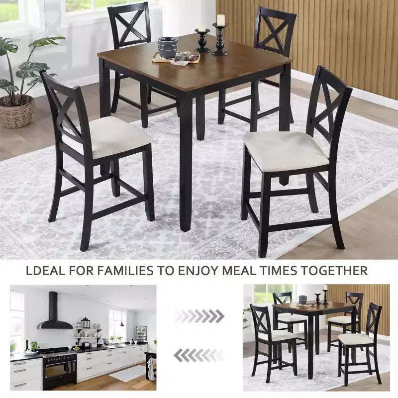 Set da pranzo Callan a 5 pezzi in legno stile rustico con sedie imbottite, altezza bancone