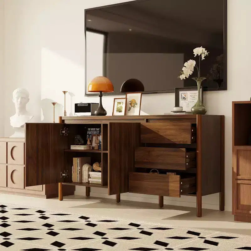 Mobile Contenitore in Legno di Noce Mid-Century Modern con Cassetti e Gambe in Legno Massiccio, Elegante Libreria/Mobile TV per Soggiorno