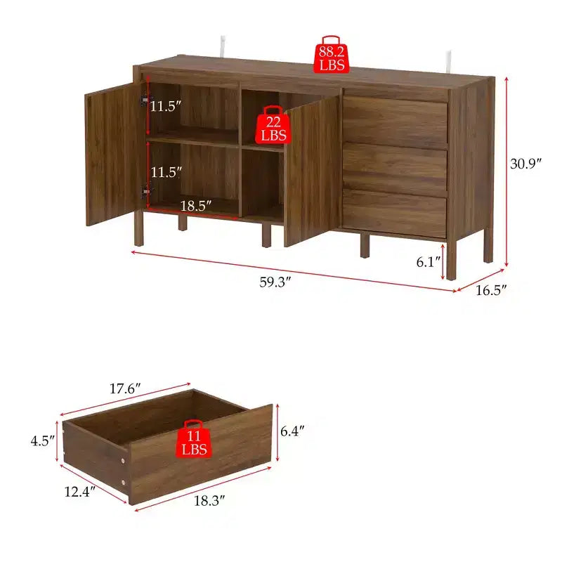 Mobile Contenitore in Legno di Noce Mid-Century Modern con Cassetti e Gambe in Legno Massiccio, Elegante Libreria/Mobile TV per Soggiorno