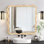 Specchio da bagno moderno quadrato da 36 pollici con cornice ondulata in legno massiccio, specchio da parete ad alta riflessione, specchio da trucco per bagno, soggiorno