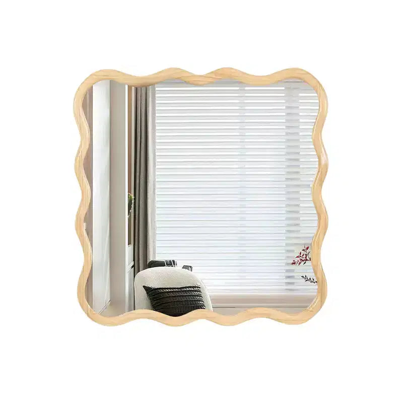 Specchio da bagno moderno quadrato da 36 pollici con cornice ondulata in legno massiccio, specchio da parete ad alta riflessione, specchio da trucco per bagno, soggiorno