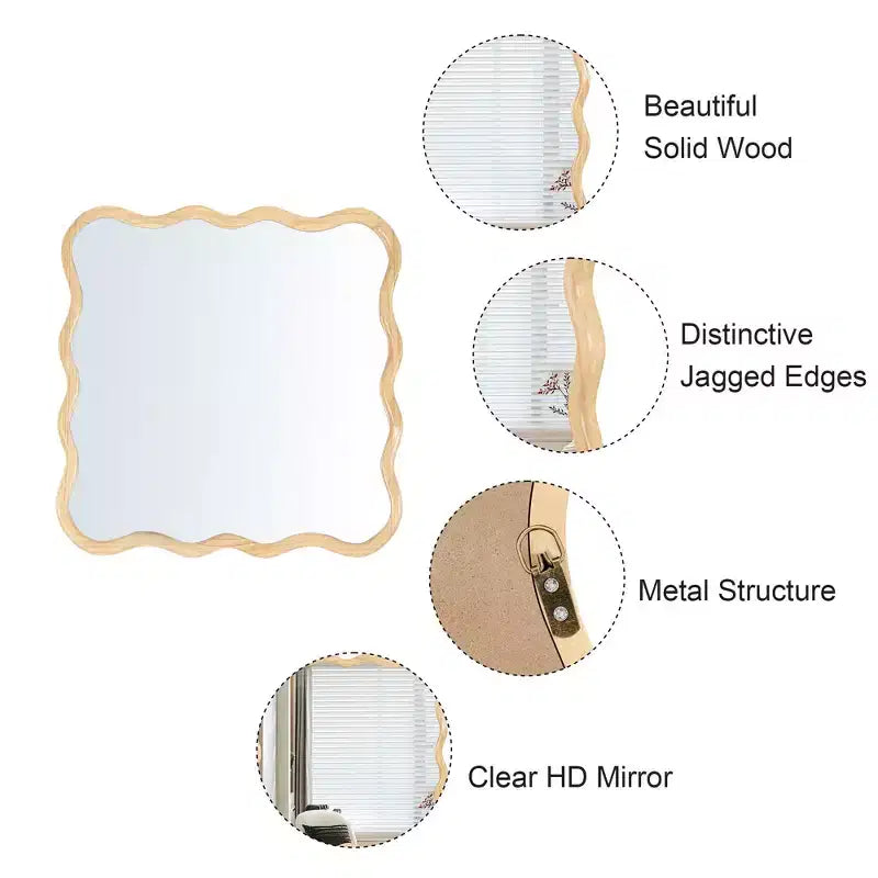 Specchio da bagno moderno quadrato da 36 pollici con cornice ondulata in legno massiccio, specchio da parete ad alta riflessione, specchio da trucco per bagno, soggiorno