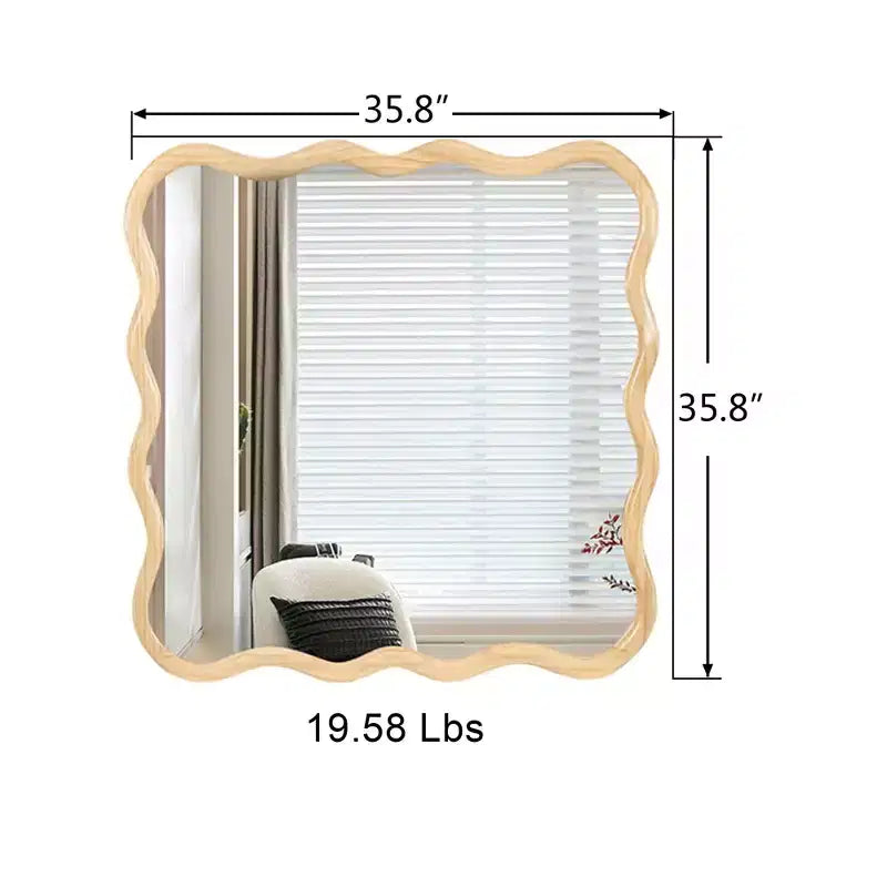 Specchio da bagno moderno quadrato da 36 pollici con cornice ondulata in legno massiccio, specchio da parete ad alta riflessione, specchio da trucco per bagno, soggiorno