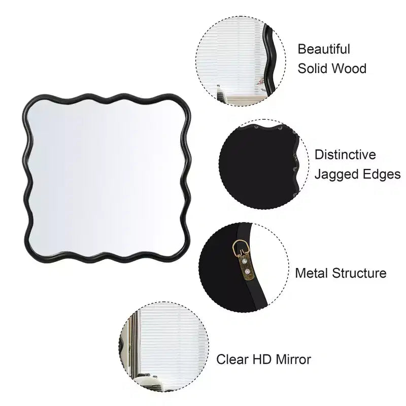 Specchio da bagno moderno quadrato da 36 pollici con cornice ondulata in legno massiccio, specchio da parete ad alta riflessione, specchio da trucco per bagno, soggiorno