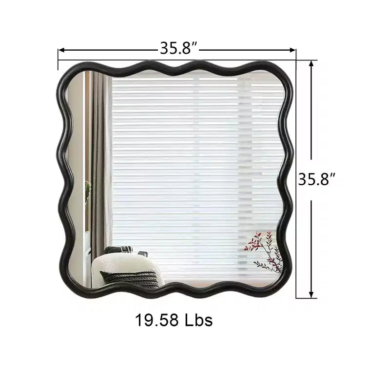 Specchio da bagno moderno quadrato da 36 pollici con cornice ondulata in legno massiccio, specchio da parete ad alta riflessione, specchio da trucco per bagno, soggiorno