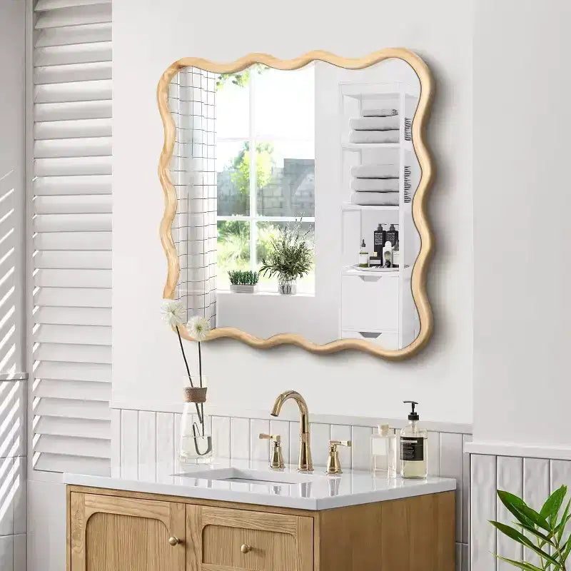 Specchio da bagno moderno quadrato da 36 pollici con cornice ondulata in legno massiccio, specchio da parete ad alta riflessione, specchio da trucco per bagno, soggiorno
