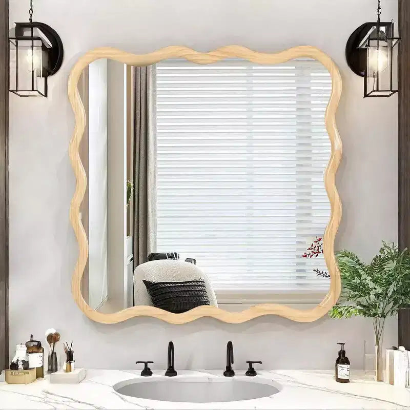 Specchio da bagno moderno quadrato da 36 pollici con cornice ondulata in legno massiccio, specchio da parete ad alta riflessione, specchio da trucco per bagno, soggiorno