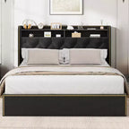 Bed Frame with 4 Storage Drawers, 2 Tiers of Storage and Nailhead Trim, Black Velvet Platform Bed with Elegant Headboard Trim, Easy to Assemble
