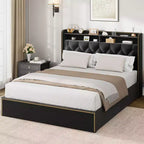 Struttura Letto con 4 Cassetti Contenitore, 2 Ripiani Contenitori e Rivestimento Borchiato, Letto a Piattaforma in Velluto Nero con Elegante Rivestimento della Testiera, Facile da Montare