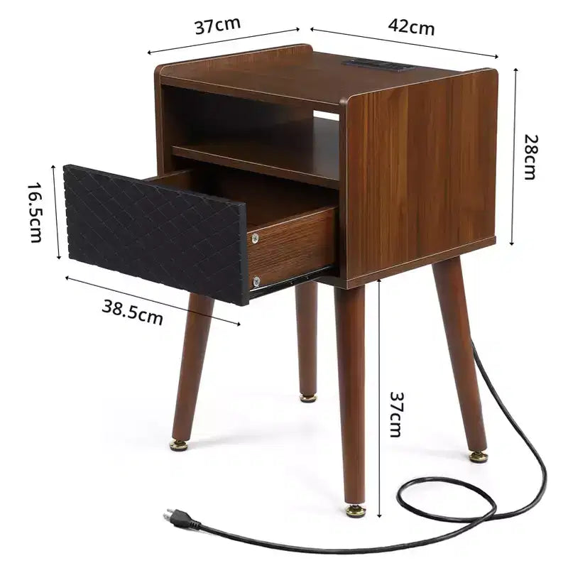 Tavolino/Comodino con Prese USB, Prese di Corrente, Cassetto Portaoggetti, Gambe in Legno Massello per Soggiorno Camera da Letto