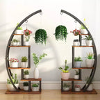 Acekool Large 5-Tier Plant Stand, Semi-Circular Metal and Wood Display Shelf with Hooks, Corner Indoor Outdoor Organizer, 56 Inch