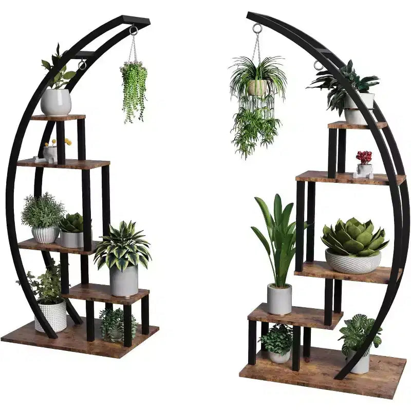 Grande porta piante a 5 livelli, scaffale espositivo semicircolare in metallo e legno con ganci, organizer angolare per interni ed esterni, 142 cm