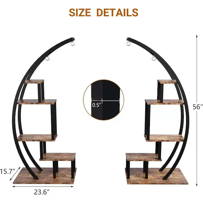 Grande porta piante a 5 livelli, scaffale espositivo semicircolare in metallo e legno con ganci, organizer angolare per interni ed esterni, 142 cm