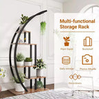 Grande porta piante a 5 livelli, scaffale espositivo semicircolare in metallo e legno con ganci, organizer angolare per interni ed esterni, 142 cm