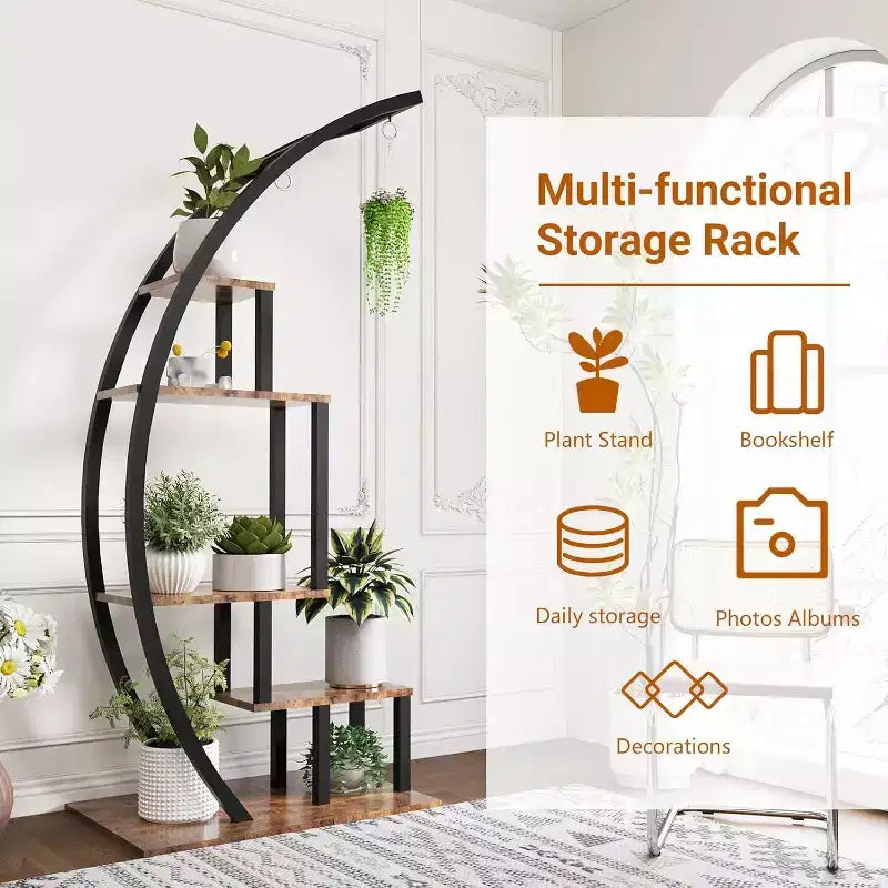 Grande porta piante a 5 livelli, scaffale espositivo semicircolare in metallo e legno con ganci, organizer angolare per interni ed esterni, 142 cm