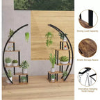 Grande porta piante a 5 livelli, scaffale espositivo semicircolare in metallo e legno con ganci, organizer angolare per interni ed esterni, 142 cm