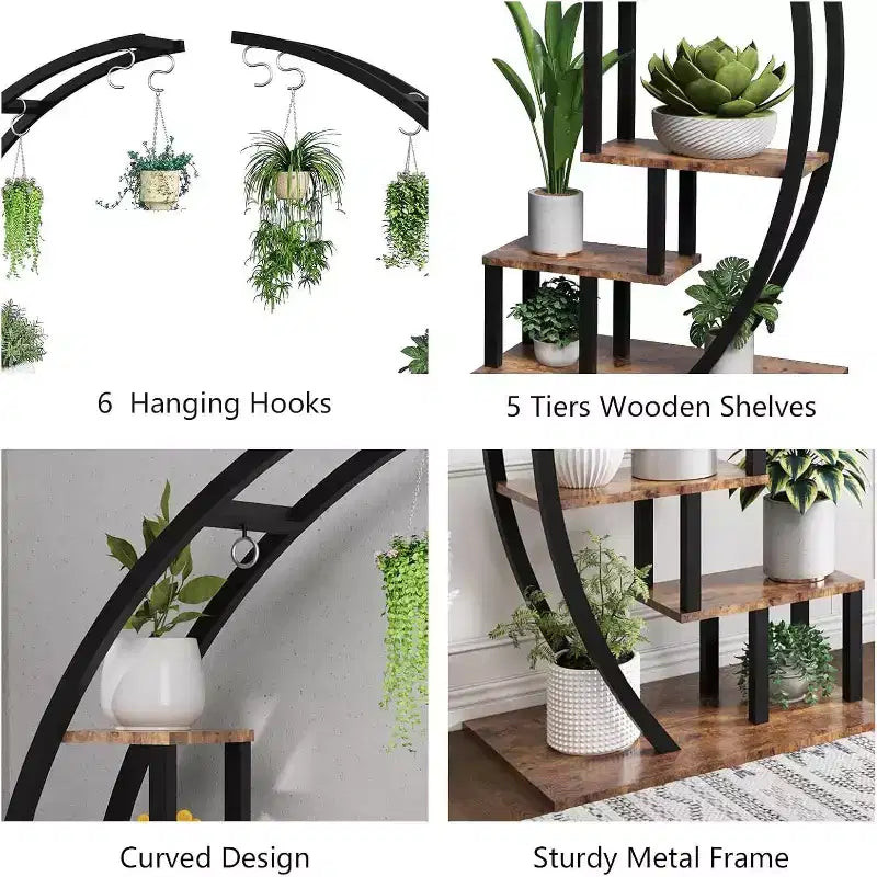 Grande porta piante a 5 livelli, scaffale espositivo semicircolare in metallo e legno con ganci, organizer angolare per interni ed esterni, 142 cm