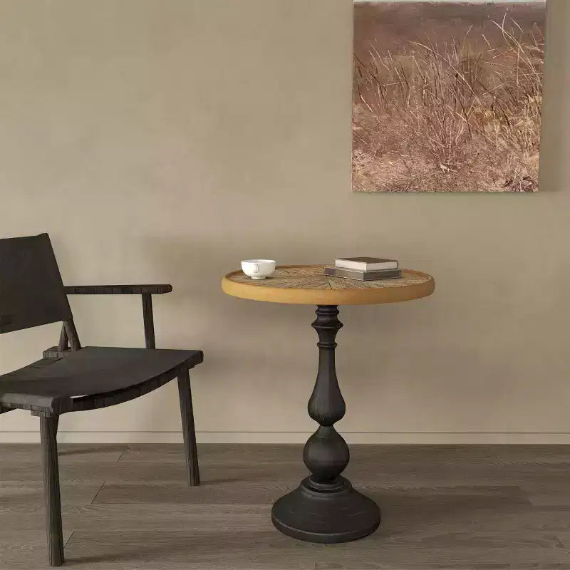 Tavolino rotondo vintage con piedistallo, tavolino d'appoggio in stile French Country con ripiano effetto legno per soggiorno o camera da letto