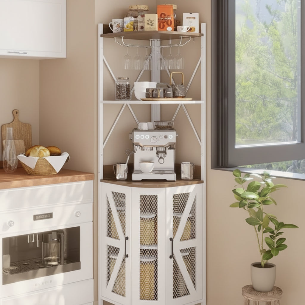 Mobile Bar Angolare con Luci a LED, Mobile ad Angolo con Presa, Spazio di Archiviazione e Portabottiglie Rimovibile, Mobile Caffè in Stile Rustico per Sala da Pranzo
