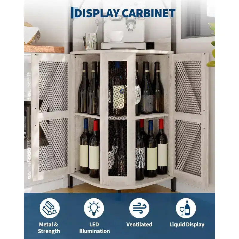Mobile Bar Angolare con Luci a LED, Mobile ad Angolo con Presa, Spazio di Archiviazione e Portabottiglie Rimovibile, Mobile Caffè in Stile Rustico per Sala da Pranzo