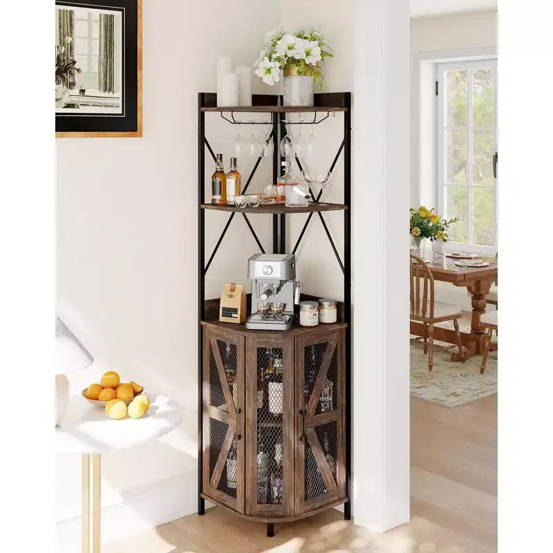 Mobile Bar Angolare con Luci a LED, Mobile ad Angolo con Presa, Spazio di Archiviazione e Portabottiglie Rimovibile, Mobile Caffè in Stile Rustico per Sala da Pranzo