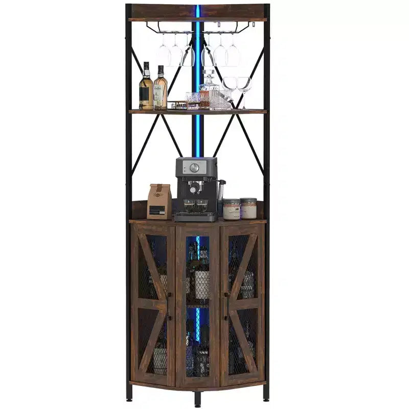 Mobile Bar Angolare con Luci a LED, Mobile ad Angolo con Presa, Spazio di Archiviazione e Portabottiglie Rimovibile, Mobile Caffè in Stile Rustico per Sala da Pranzo
