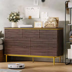 Comò a 7 cassetti per camera da letto, cassettiera in legno da 54W con maniglie dorate, comò scanalato come porta TV, cassettiere organizer per soggiorno