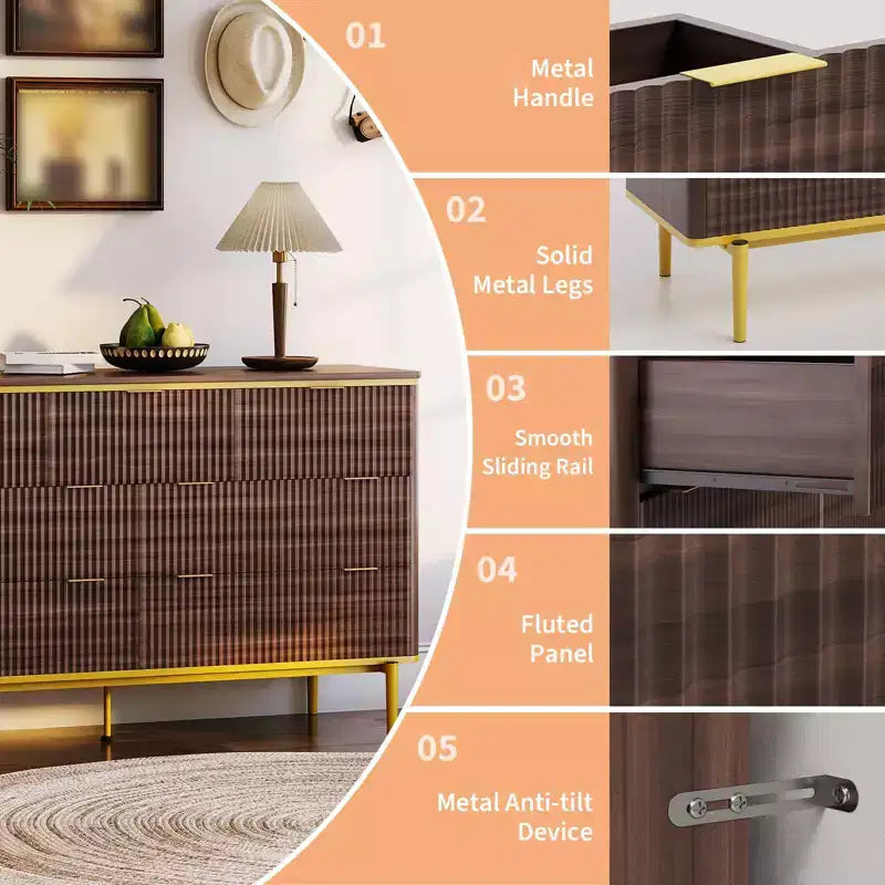 Comò a 7 cassetti per camera da letto, cassettiera in legno da 54W con maniglie dorate, comò scanalato come porta TV, cassettiere organizer per soggiorno
