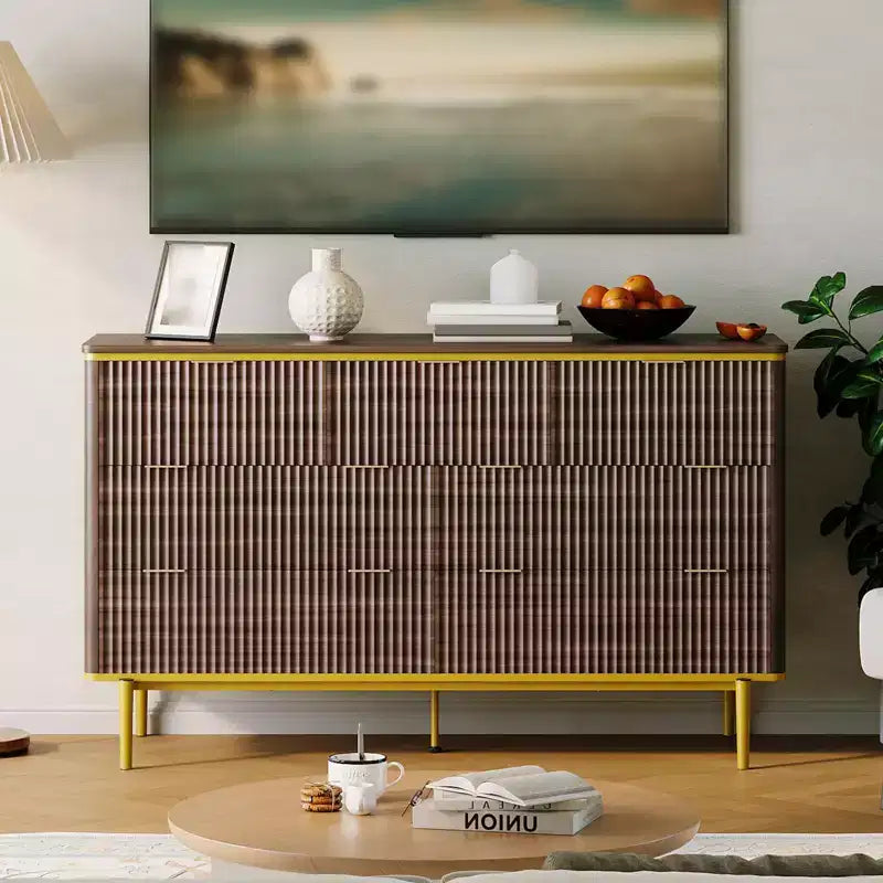 Comò a 7 cassetti per camera da letto, cassettiera in legno da 54W con maniglie dorate, comò scanalato come porta TV, cassettiere organizer per soggiorno